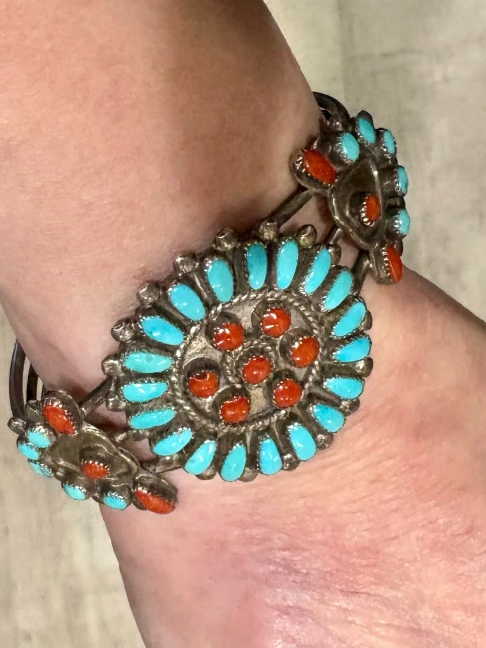 Vintage Leonard & Lula Weebothee Zuni Turquoise Coral Sterling Cuff